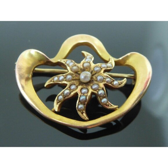 Art Nouveau 14K Gold Brooch With Starfish & Pearl Design - Picture 5 of 5